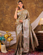 Olive Gold Kanjivaram Banarasi Satin Silk Saree with Antique Silver Zari Weaving, Heritage Pallu & Tassel Detailing