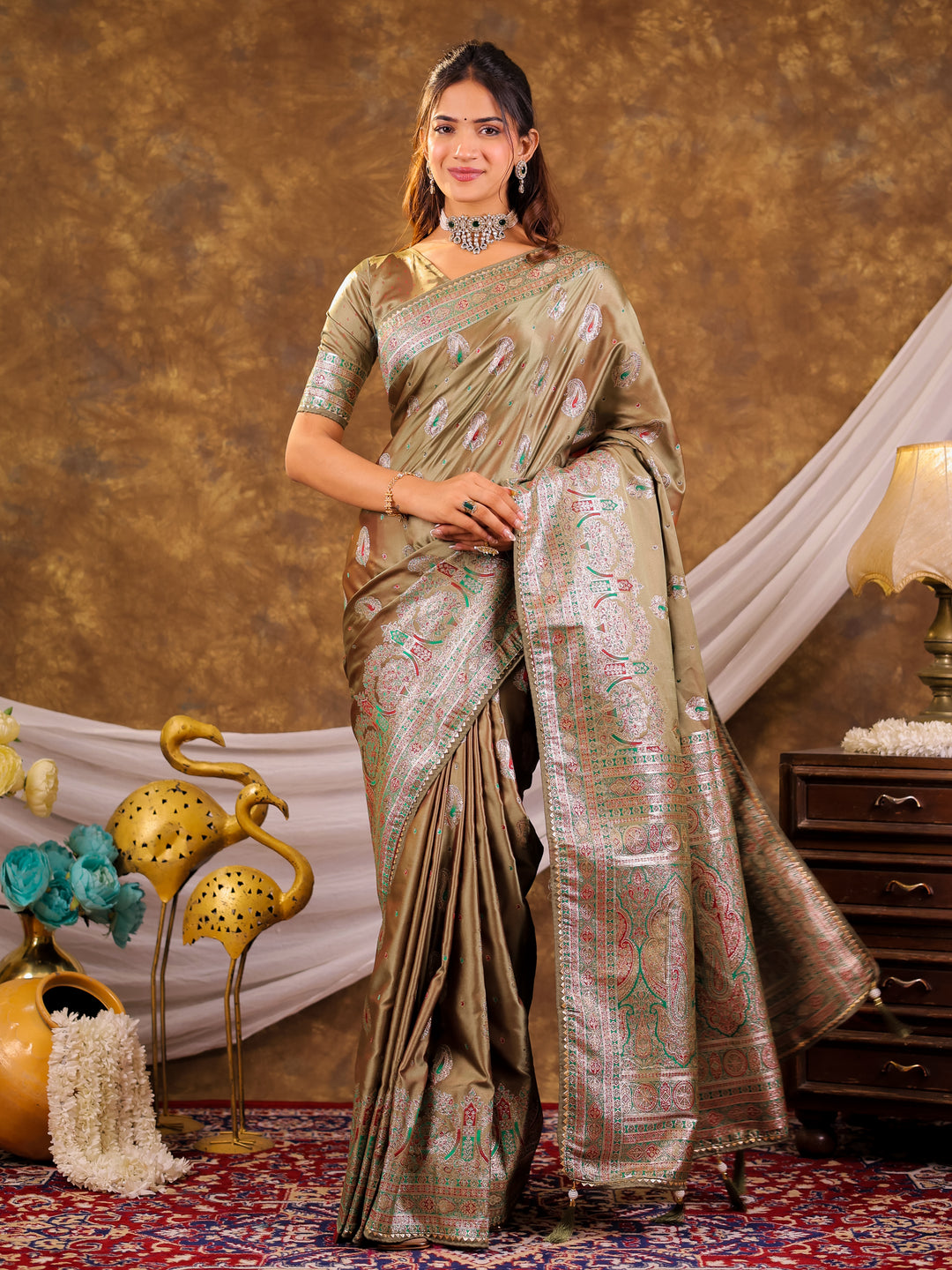 Olive Gold Kanjivaram Banarasi Satin Silk Saree with Antique Silver Zari Weaving, Heritage Pallu & Tassel Detailing