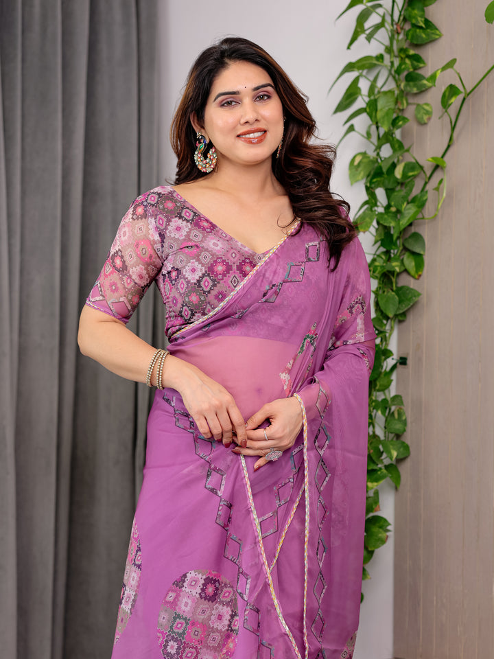 Royal Orchid Pink Printed Organza Saree with Geometric Motif Design & Multicolour Lace Border | Designer Lightweight Organza Saree with Attached Blouse Piece | Elegant Festive Wear Saree
