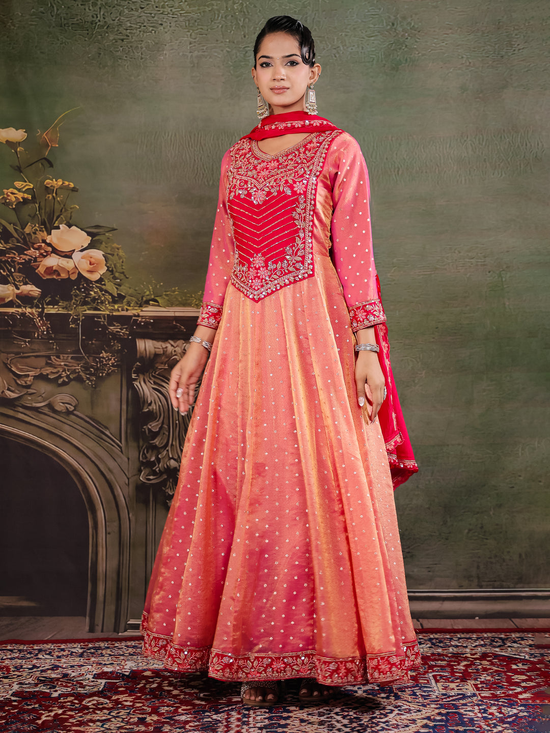 Peach & Rani Pink Embroidered Anarkali Suit Set with Matching Dupatta