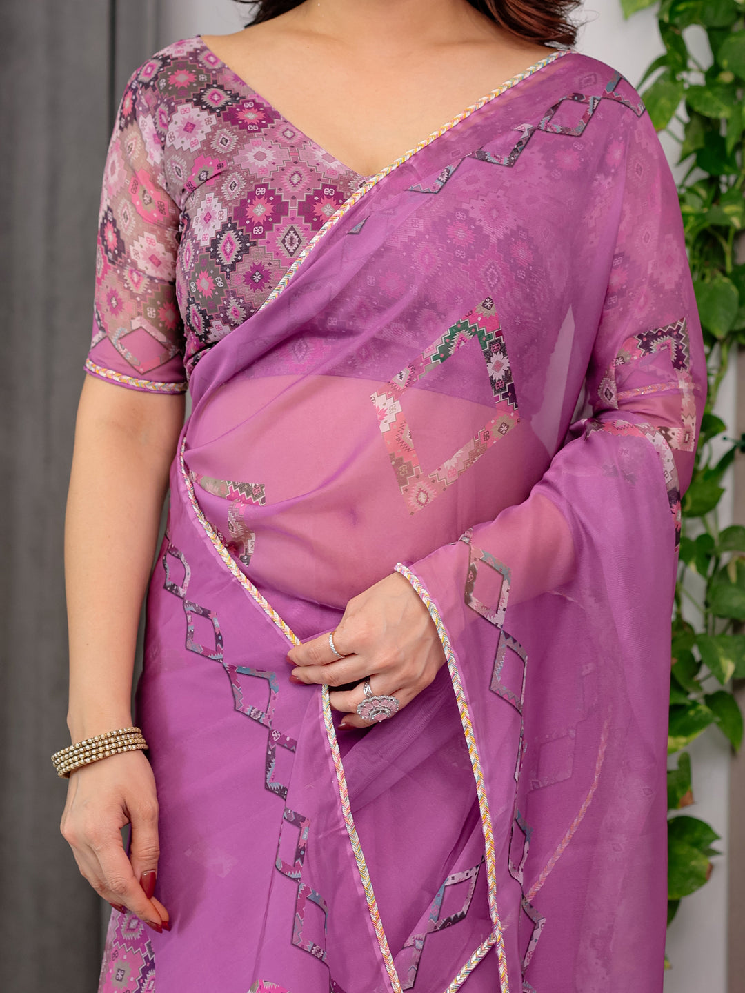 Royal Orchid Pink Printed Organza Saree with Geometric Motif Design & Multicolour Lace Border | Designer Lightweight Organza Saree with Attached Blouse Piece | Elegant Festive Wear Saree
