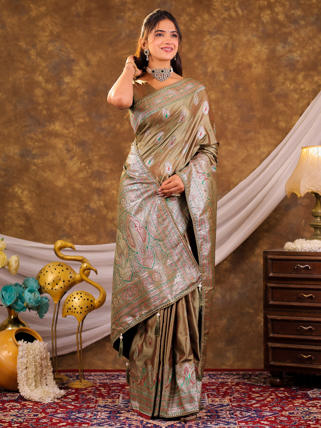 Olive Gold Kanjivaram Banarasi Satin Silk Saree with Antique Silver Zari Weaving, Heritage Pallu & Tassel Detailing