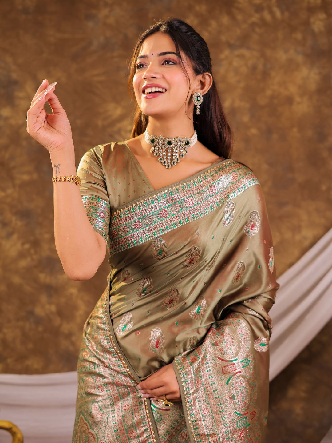 Olive Gold Kanjivaram Banarasi Satin Silk Saree with Antique Silver Zari Weaving, Heritage Pallu & Tassel Detailing