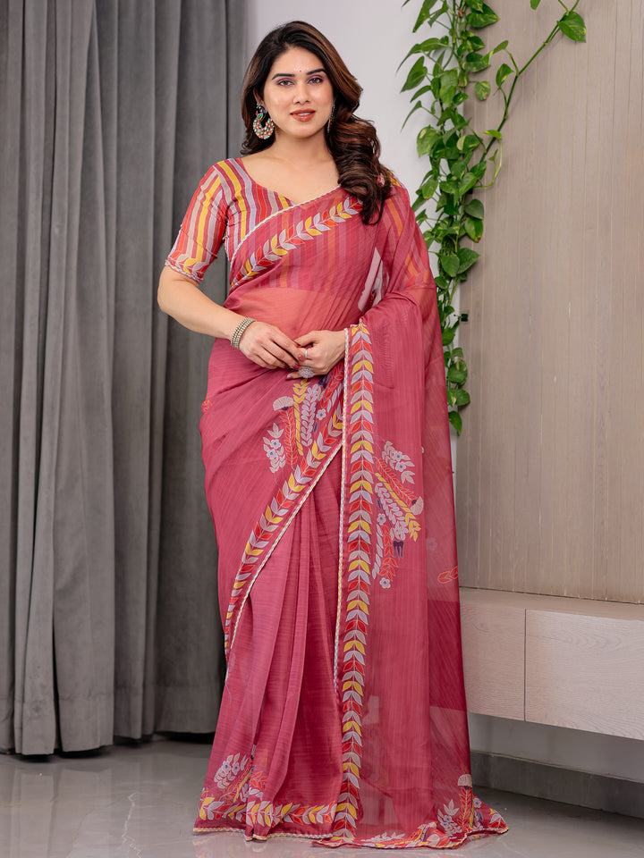 Rose Red Floral Printed Organza Saree with Multicolour Leaf Border | Lightweight Designer Organza Saree with Attached Blouse Piece | Elegant Festive & Party Wear Saree