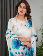 White & Blue Floral Satin Georgette Saree with Watercolour Bloom Print and Designer Back-Tie Blouse