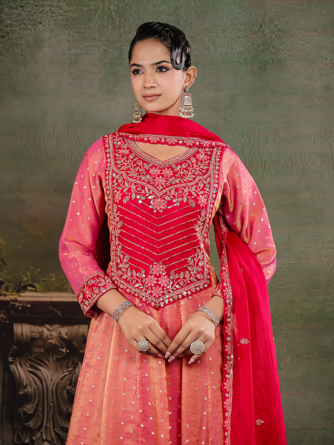 Peach & Rani Pink Embroidered Anarkali Suit Set with Matching Dupatta