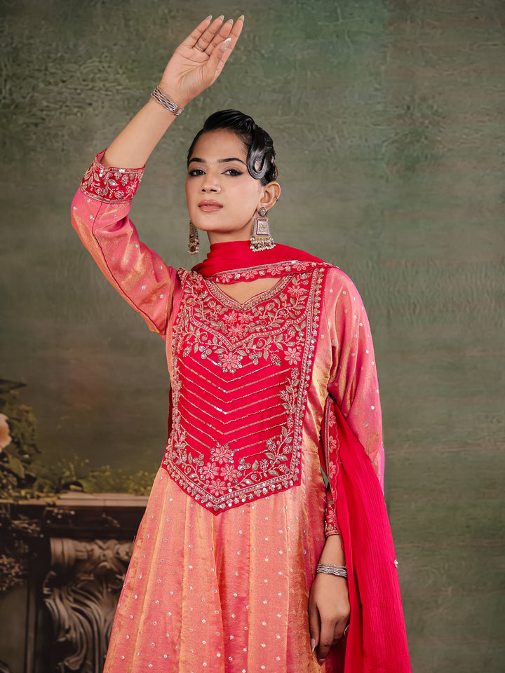 Peach & Rani Pink Embroidered Anarkali Suit Set with Matching Dupatta