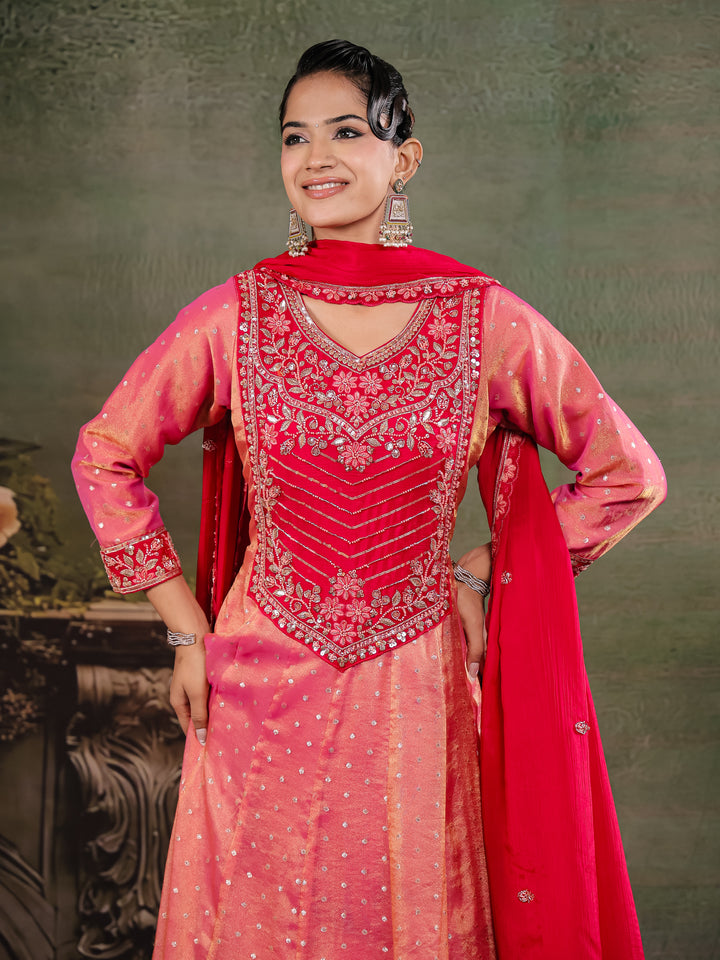 Peach & Rani Pink Embroidered Anarkali Suit Set with Matching Dupatta