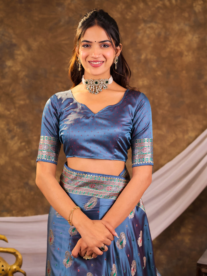 Steel Blue Kanjivaram Banarasi Satin Silk Saree with Antique Silver Zari Weaving, Heritage Pallu & Tassel Detailing