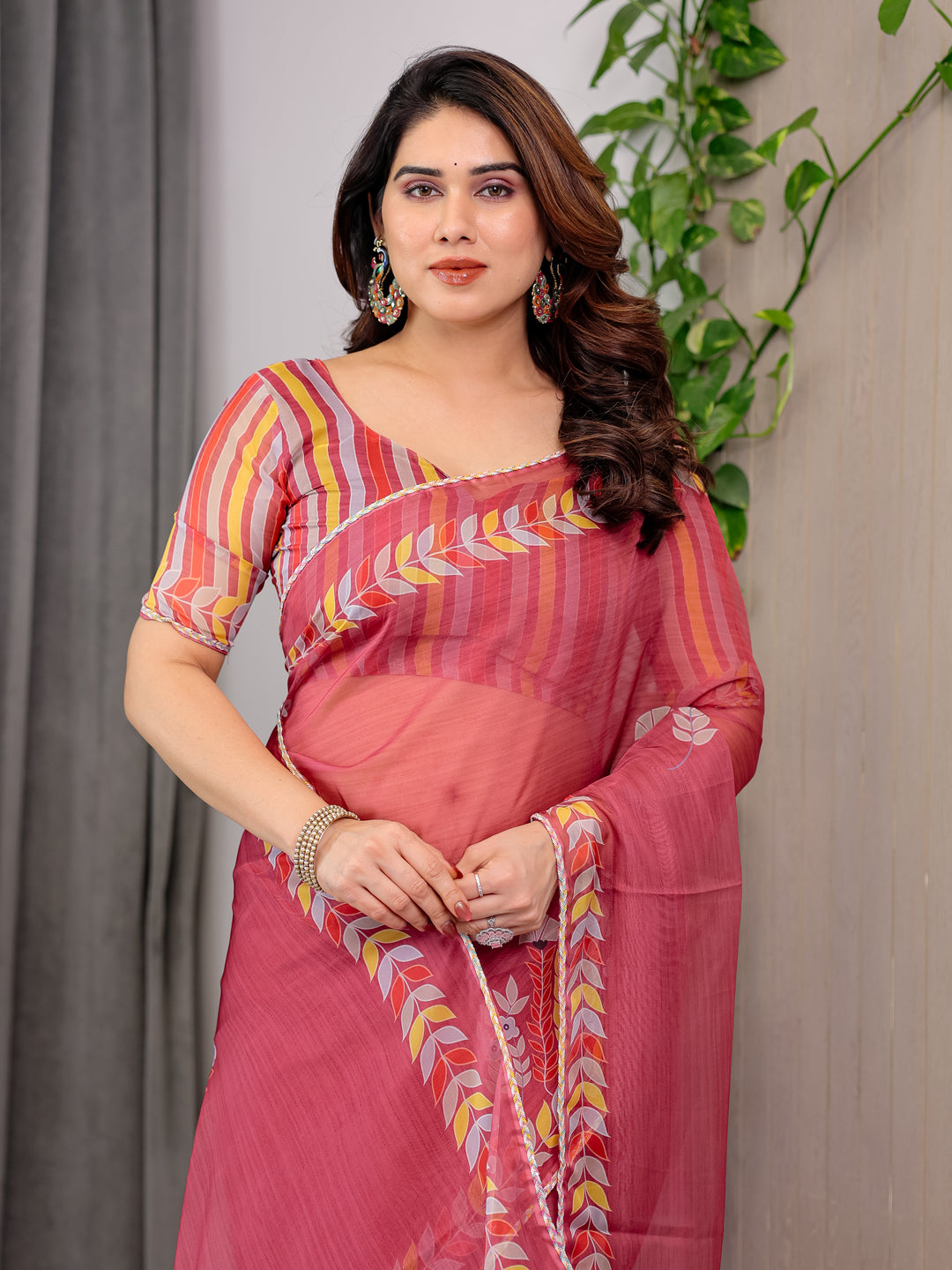 Rose Red Floral Printed Organza Saree with Multicolour Leaf Border | Lightweight Designer Organza Saree with Attached Blouse Piece | Elegant Festive & Party Wear Saree