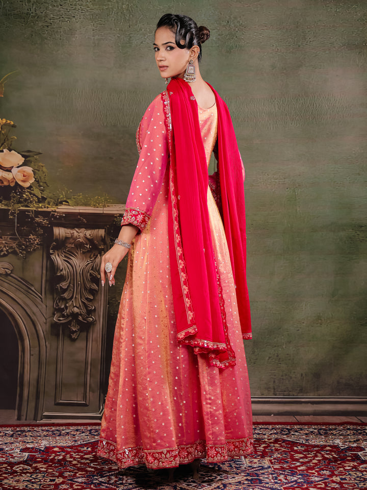 Peach & Rani Pink Embroidered Anarkali Suit Set with Matching Dupatta