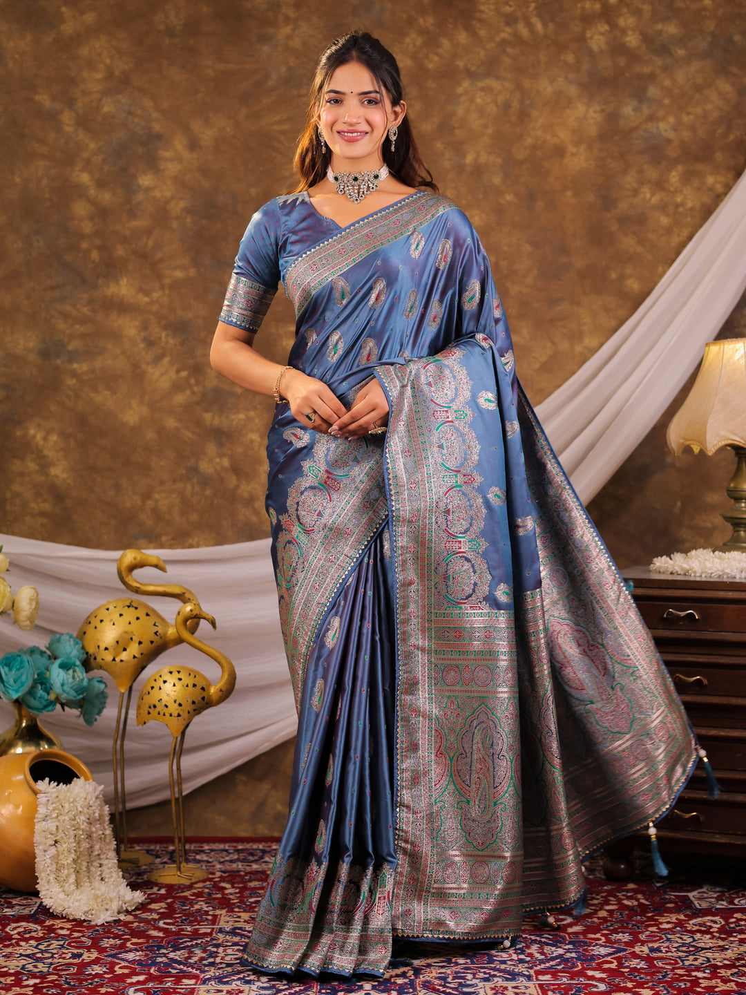 Steel Blue Kanjivaram Banarasi Satin Silk Saree with Antique Silver Zari Weaving, Heritage Pallu & Tassel Detailing