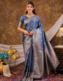 Steel Blue Kanjivaram Banarasi Satin Silk Saree with Antique Silver Zari Weaving, Heritage Pallu & Tassel Detailing