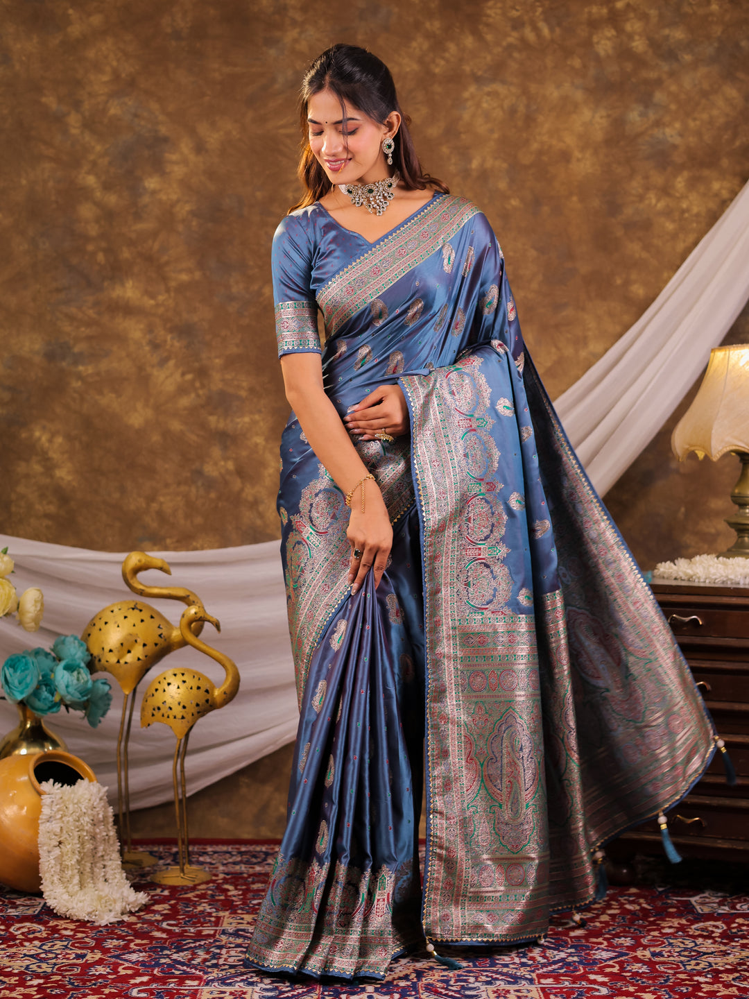 Steel Blue Kanjivaram Banarasi Satin Silk Saree with Antique Silver Zari Weaving, Heritage Pallu & Tassel Detailing