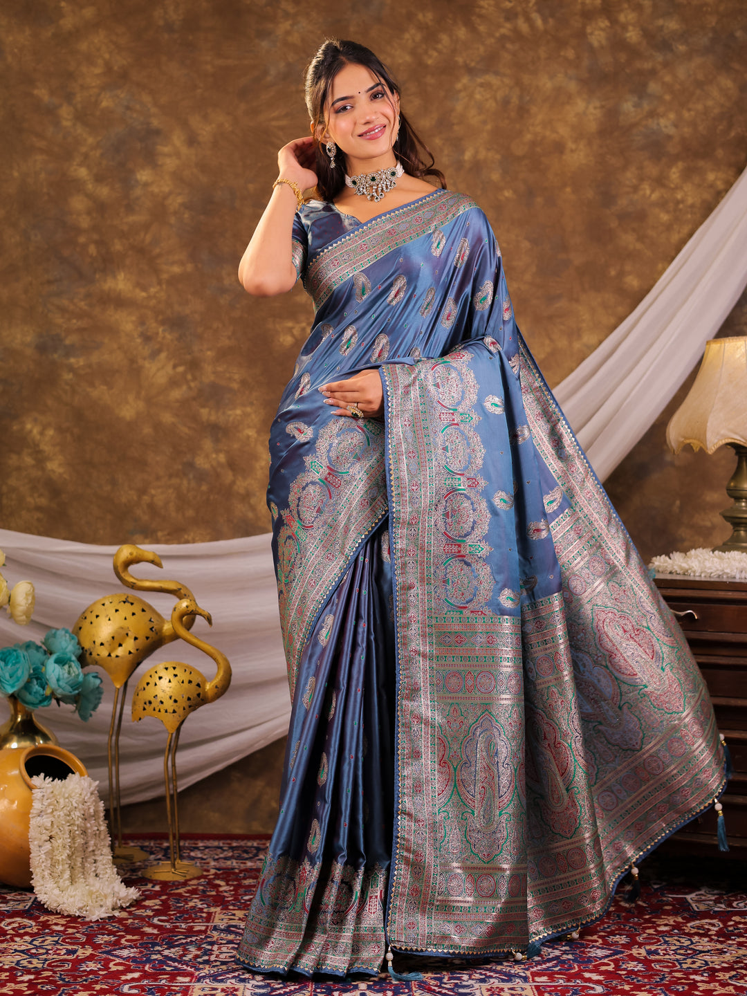 Steel Blue Kanjivaram Banarasi Satin Silk Saree with Antique Silver Zari Weaving, Heritage Pallu & Tassel Detailing