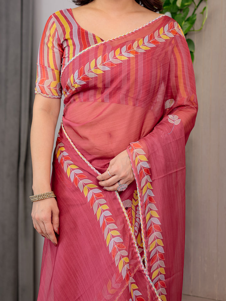 Rose Red Floral Printed Organza Saree with Multicolour Leaf Border | Lightweight Designer Organza Saree with Attached Blouse Piece | Elegant Festive & Party Wear Saree