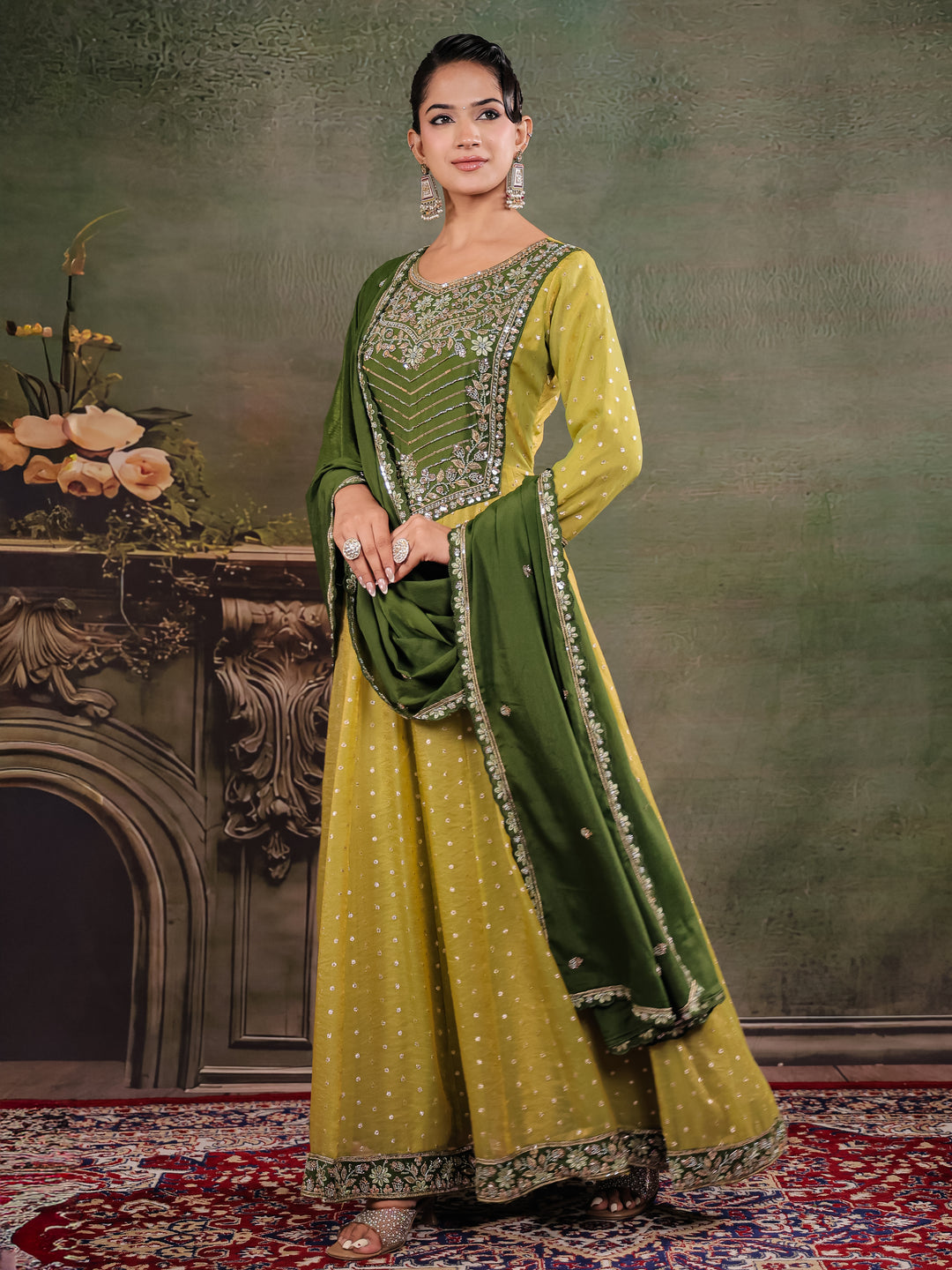 Olive Green & Lime Yellow Embroidered Anarkali Suit Set with Matching Dupatta