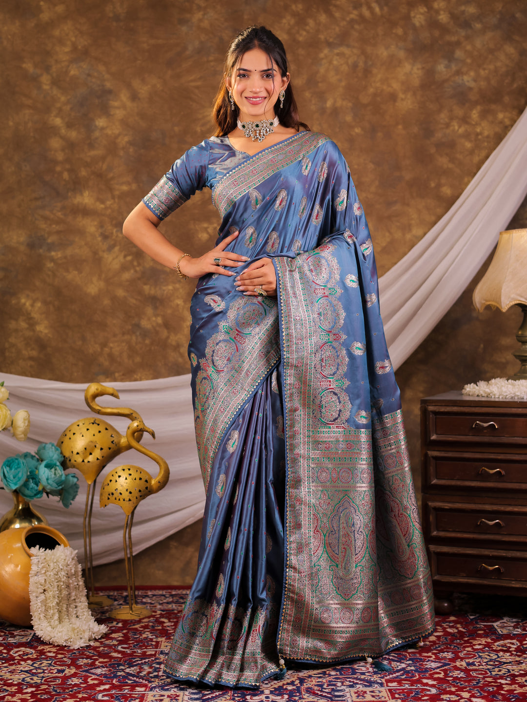 Steel Blue Kanjivaram Banarasi Satin Silk Saree with Antique Silver Zari Weaving, Heritage Pallu & Tassel Detailing