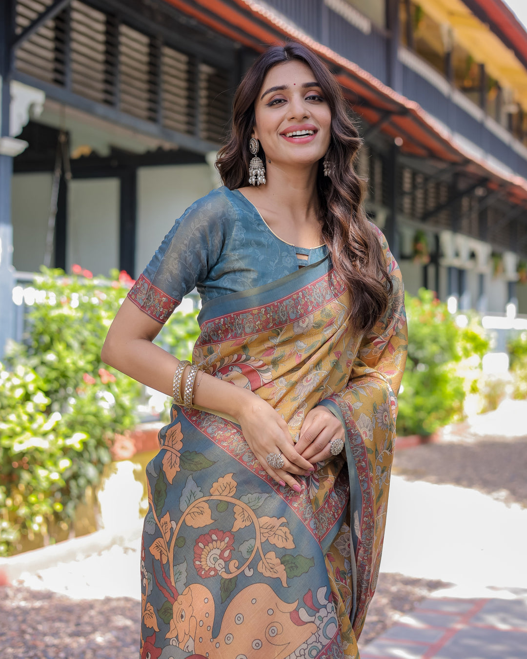 Yellow Handloom Cotton Saree with Intricate Peacock & Floral Art – Contrast Green Pallu