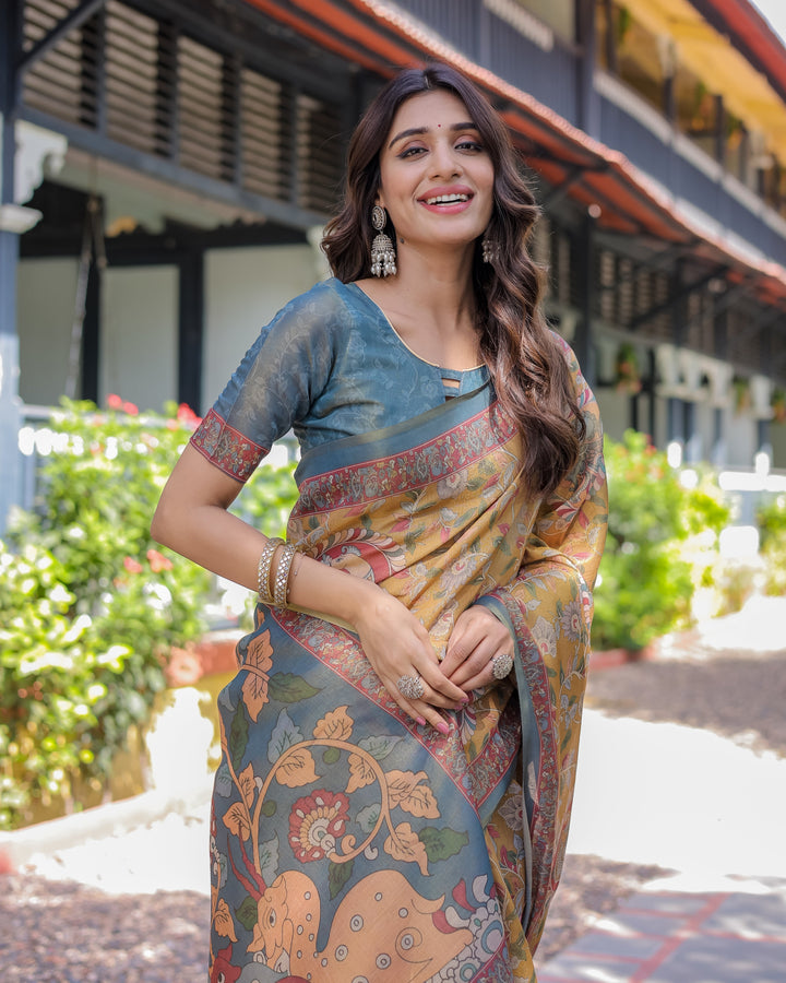 Yellow Handloom Cotton Saree with Intricate Peacock & Floral Art – Contrast Green Pallu