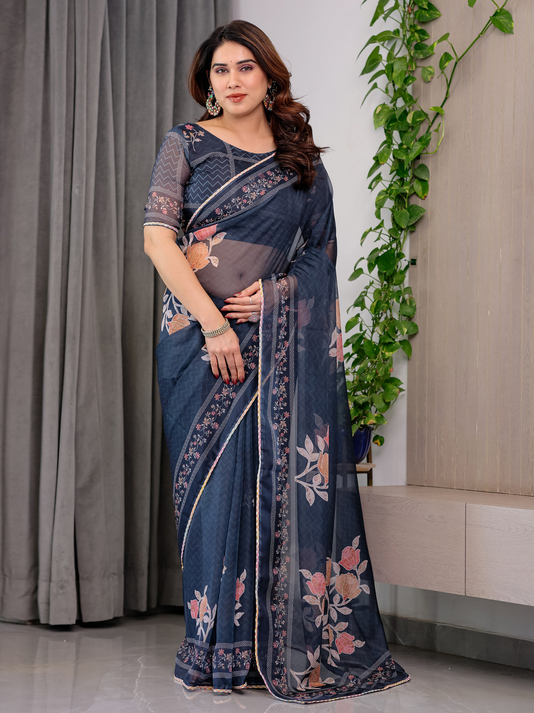 Midnight Blue Floral Printed Organza Saree with Elegant Floral Border & Multicolour Lace Edges | Designer Lightweight Organza Saree with Attached Blouse Piece | Festive & Party Wear Saree