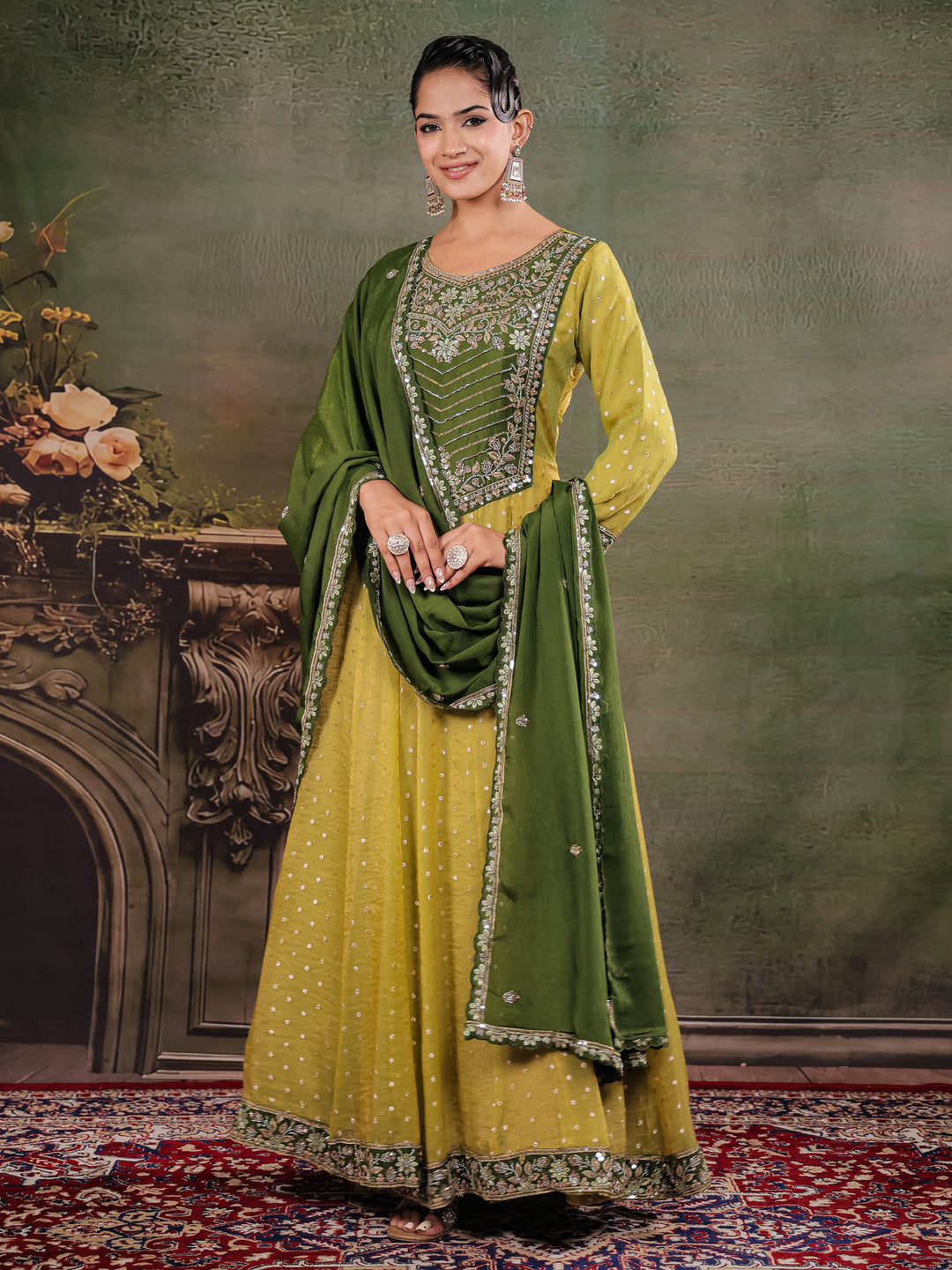 Olive Green & Lime Yellow Embroidered Anarkali Suit Set with Matching Dupatta