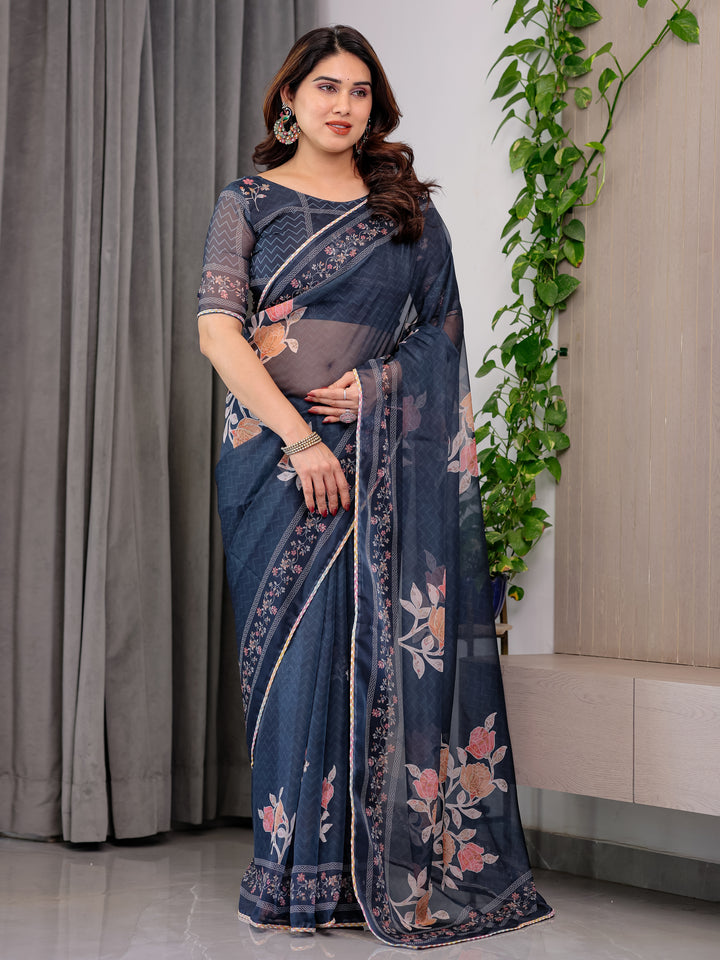 Midnight Blue Floral Printed Organza Saree with Elegant Floral Border & Multicolour Lace Edges | Designer Lightweight Organza Saree with Attached Blouse Piece | Festive & Party Wear Saree