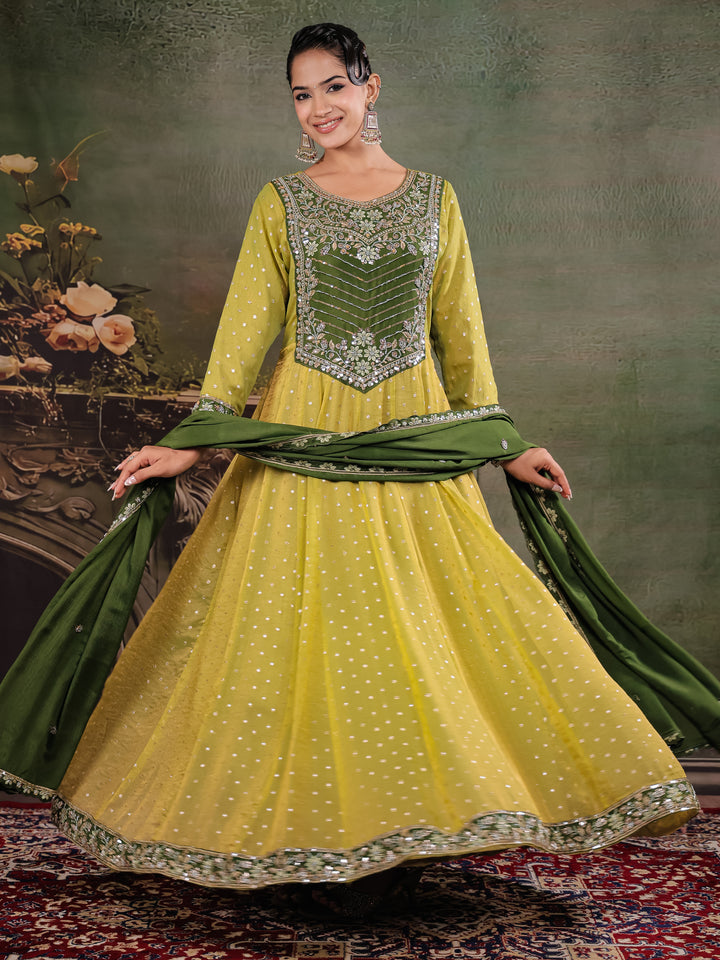 Olive Green & Lime Yellow Embroidered Anarkali Suit Set with Matching Dupatta