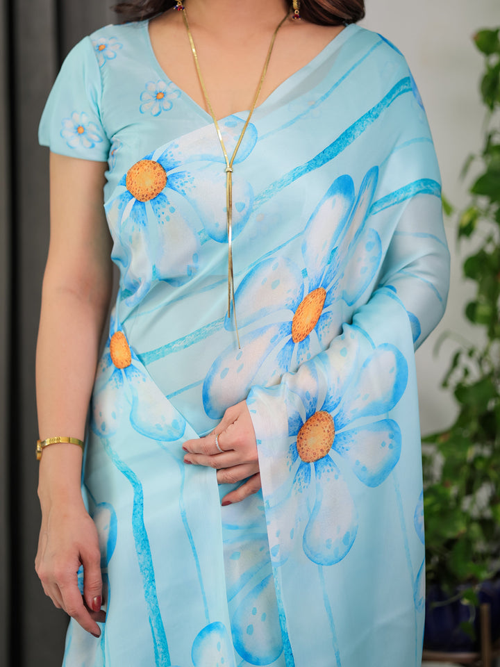 Sky Blue Satin Georgette Floral Printed Saree with Attached Blouse – Lightweight Designer Drape for Festive & Everyday Elegance