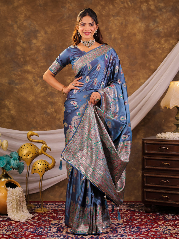 Steel Blue Kanjivaram Banarasi Satin Silk Saree with Antique Silver Zari Weaving, Heritage Pallu & Tassel Detailing