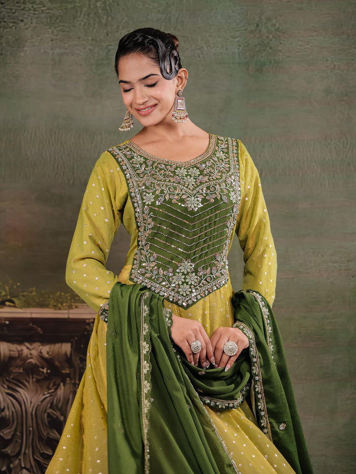 Olive Green & Lime Yellow Embroidered Anarkali Suit Set with Matching Dupatta