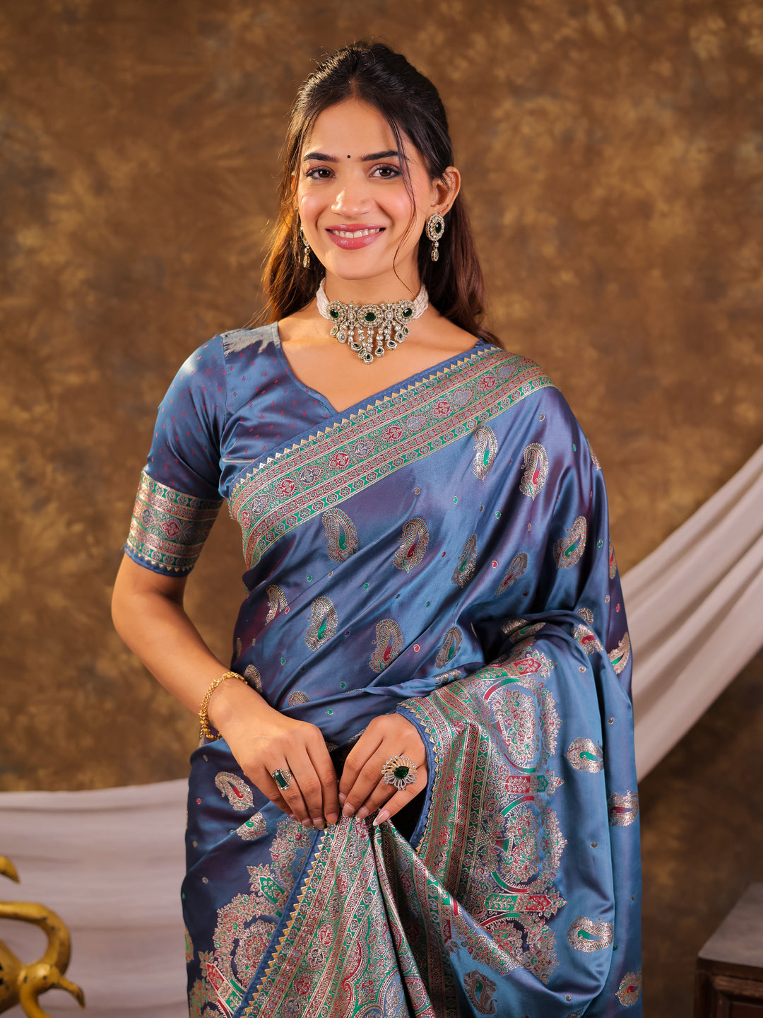 Steel Blue Kanjivaram Banarasi Satin Silk Saree with Antique Silver Zari Weaving, Heritage Pallu & Tassel Detailing