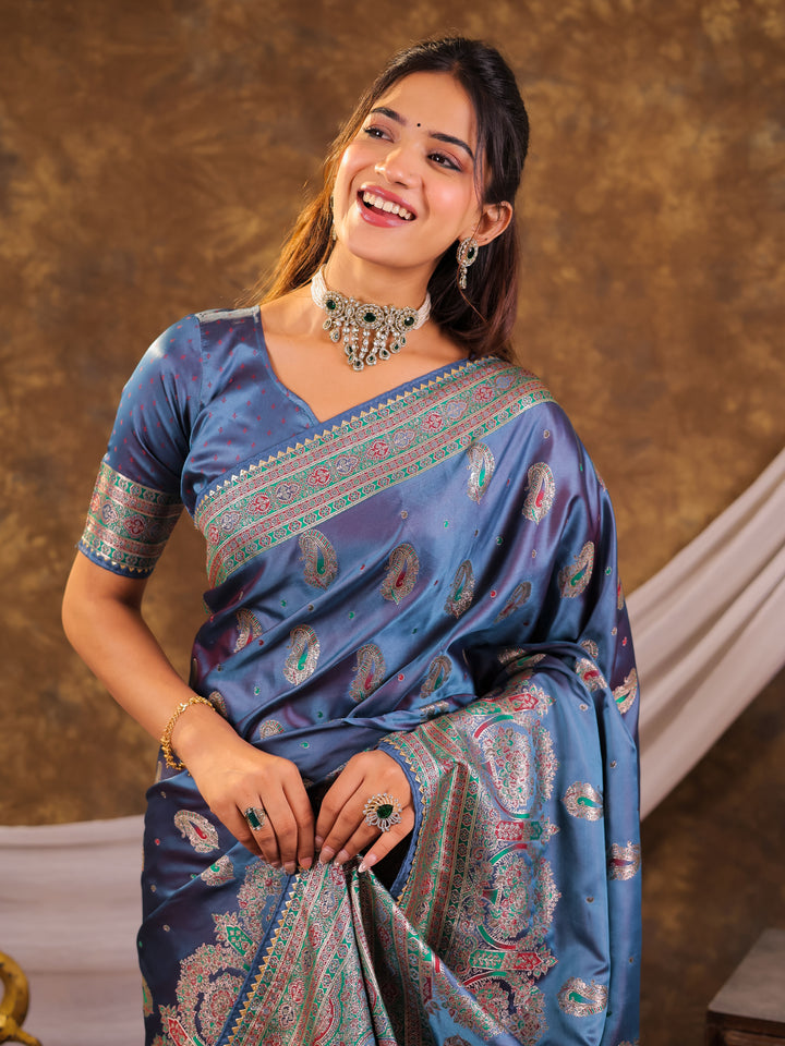 Steel Blue Kanjivaram Banarasi Satin Silk Saree with Antique Silver Zari Weaving, Heritage Pallu & Tassel Detailing