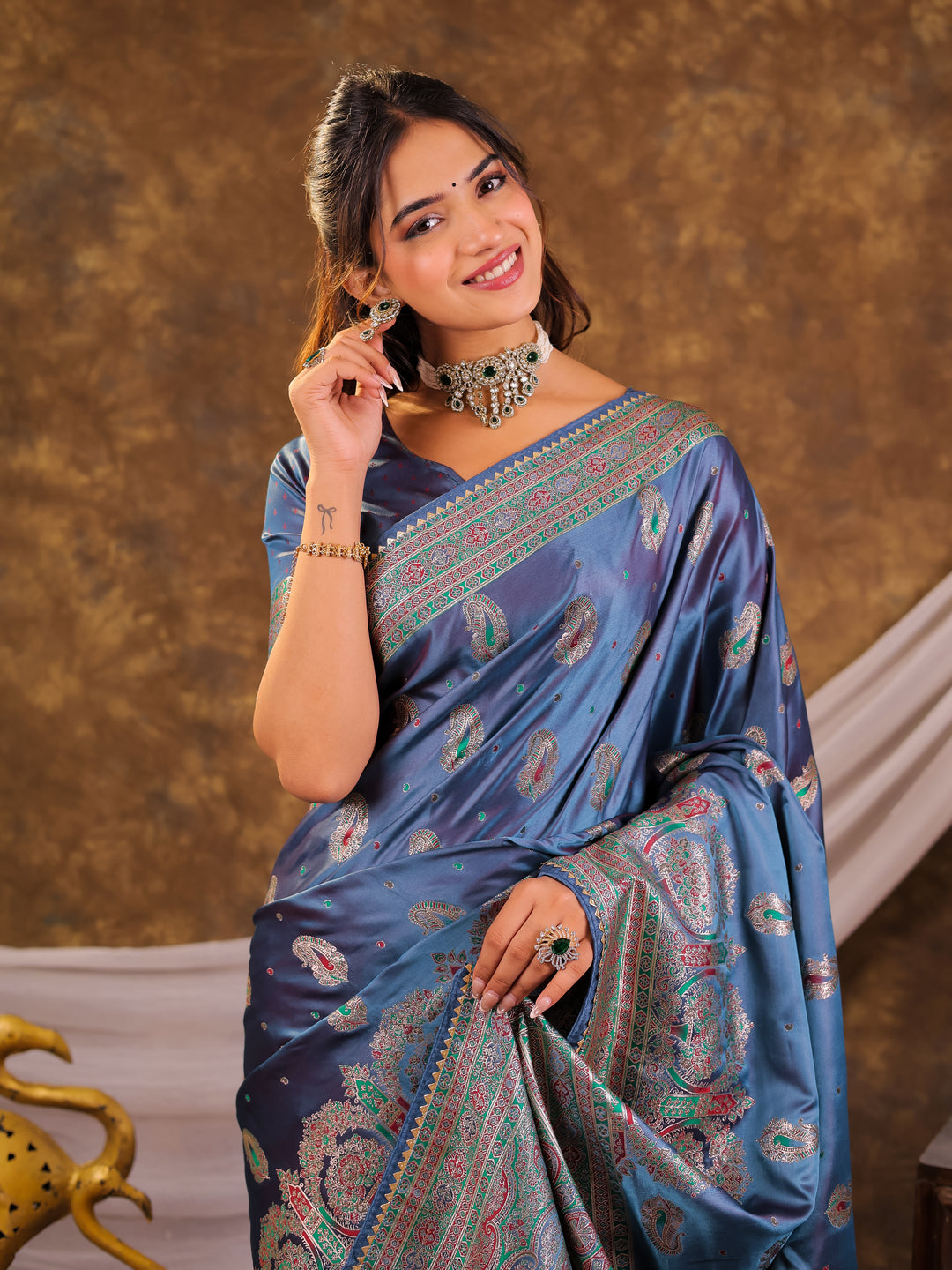 Steel Blue Kanjivaram Banarasi Satin Silk Saree with Antique Silver Zari Weaving, Heritage Pallu & Tassel Detailing