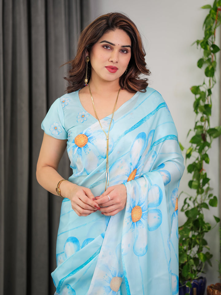 Sky Blue Satin Georgette Floral Printed Saree with Attached Blouse – Lightweight Designer Drape for Festive & Everyday Elegance