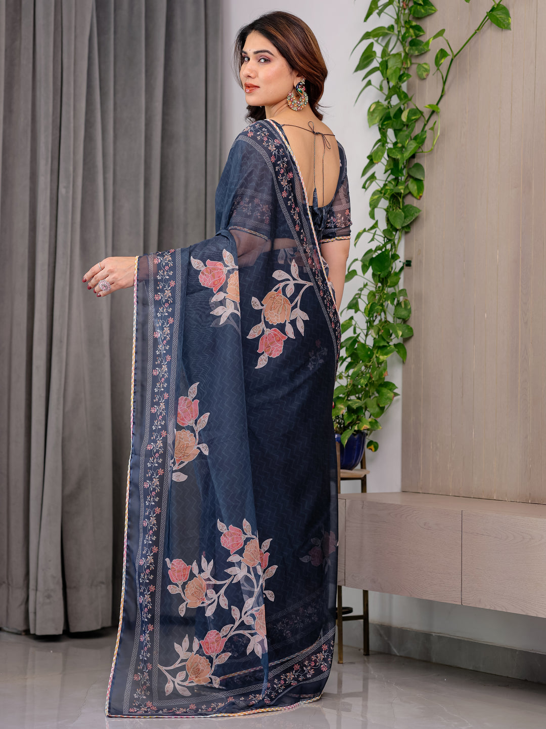 Midnight Blue Floral Printed Organza Saree with Elegant Floral Border & Multicolour Lace Edges | Designer Lightweight Organza Saree with Attached Blouse Piece | Festive & Party Wear Saree
