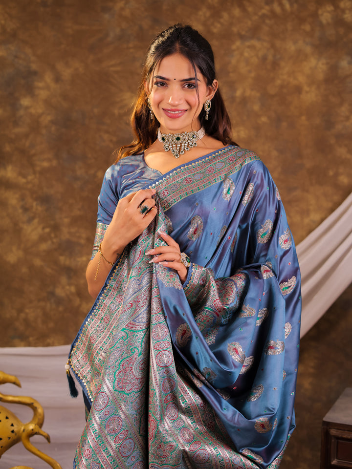 Steel Blue Kanjivaram Banarasi Satin Silk Saree with Antique Silver Zari Weaving, Heritage Pallu & Tassel Detailing