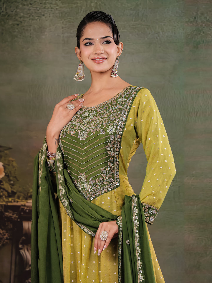 Olive Green & Lime Yellow Embroidered Anarkali Suit Set with Matching Dupatta