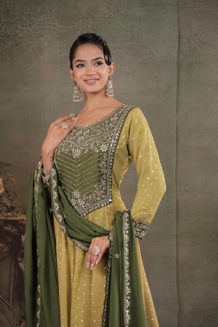 Olive Green & Lime Yellow Embroidered Anarkali Suit Set with Matching Dupatta