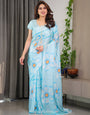 Sky Blue Satin Georgette Floral Printed Saree with Attached Blouse – Lightweight Designer Drape for Festive & Everyday Elegance