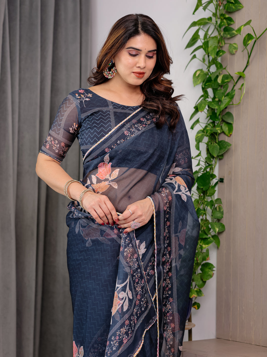 Midnight Blue Floral Printed Organza Saree with Elegant Floral Border & Multicolour Lace Edges | Designer Lightweight Organza Saree with Attached Blouse Piece | Festive & Party Wear Saree