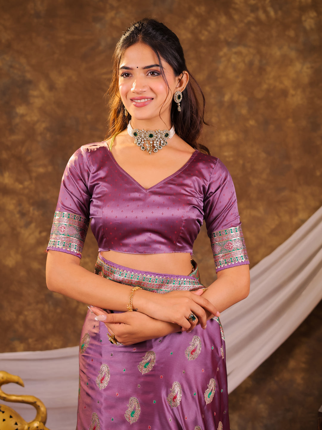 Lavender Purple Kanjivaram Banarasi Satin Silk Saree with Antique Silver Zari Weaving, Heritage Pallu & Tassel Detailing
