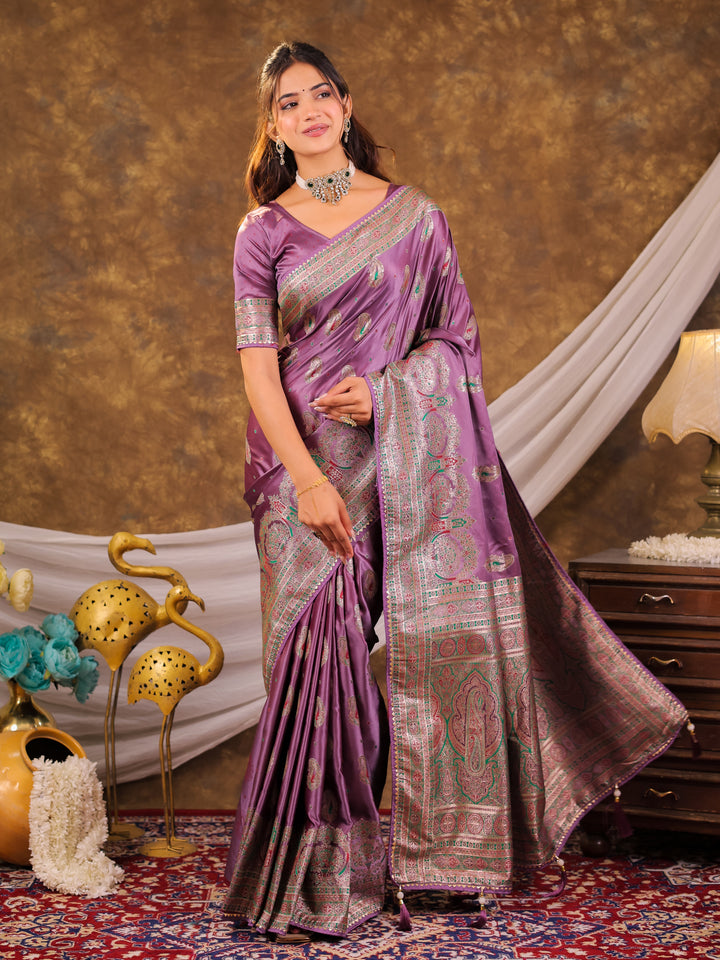 Lavender Purple Kanjivaram Banarasi Satin Silk Saree with Antique Silver Zari Weaving, Heritage Pallu & Tassel Detailing