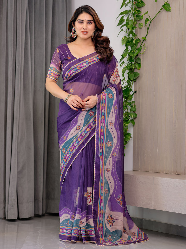 Royal Purple Printed Organza Saree with Multicolour Ethnic Border & Lace Edges | Designer Lightweight Organza Saree with Attached Blouse Piece | Festive & Party Wear Saree