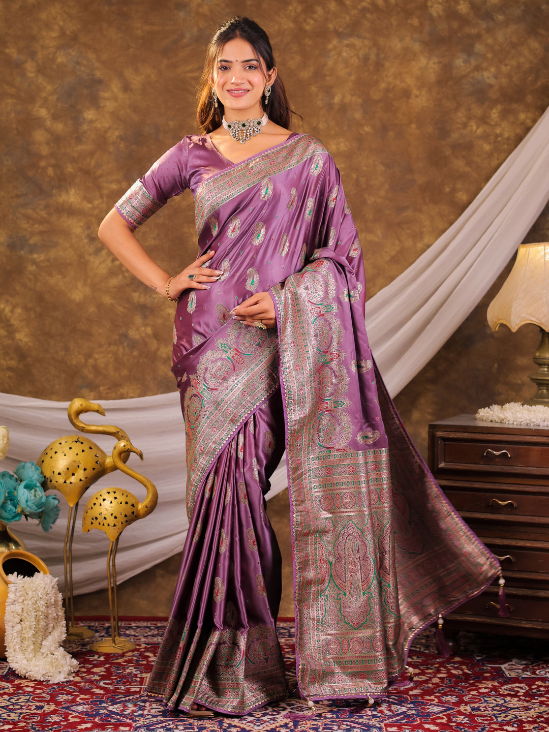 Lavender Purple Kanjivaram Banarasi Satin Silk Saree with Antique Silver Zari Weaving, Heritage Pallu & Tassel Detailing