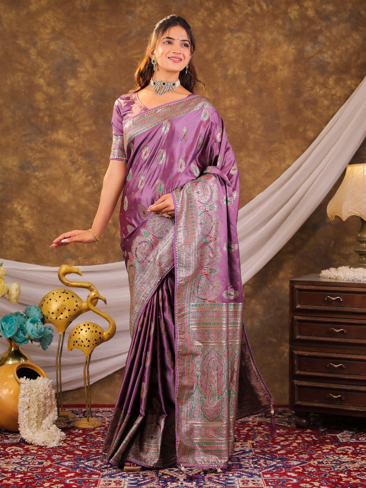 Lavender Purple Kanjivaram Banarasi Satin Silk Saree with Antique Silver Zari Weaving, Heritage Pallu & Tassel Detailing
