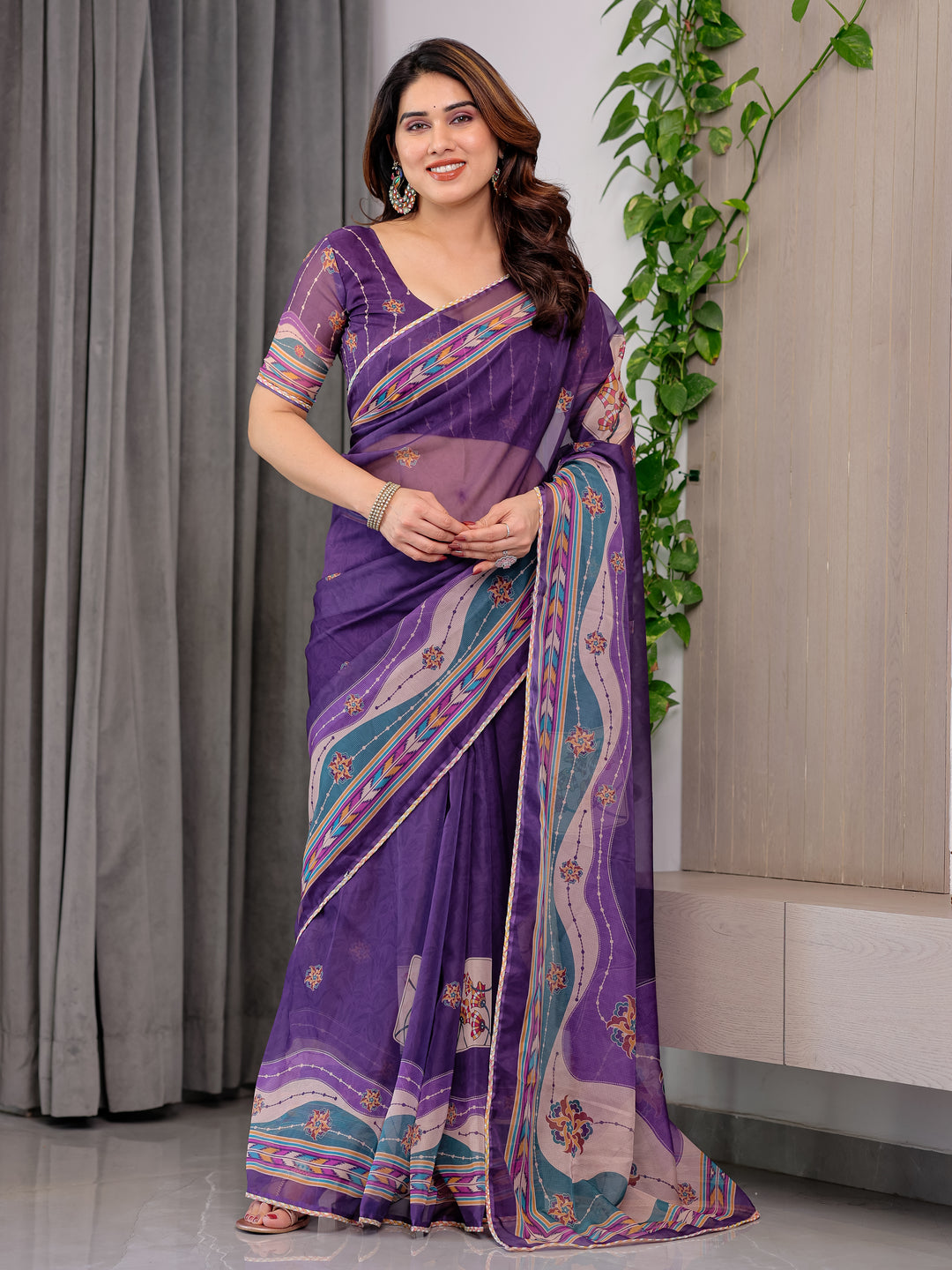 Royal Purple Printed Organza Saree with Multicolour Ethnic Border & Lace Edges | Designer Lightweight Organza Saree with Attached Blouse Piece | Festive & Party Wear Saree