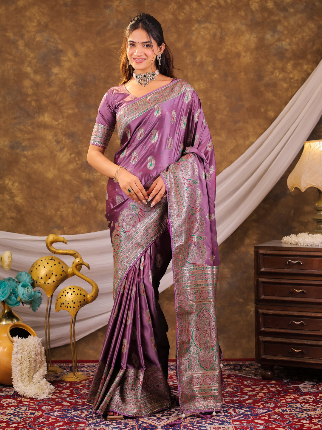 Lavender Purple Kanjivaram Banarasi Satin Silk Saree with Antique Silver Zari Weaving, Heritage Pallu & Tassel Detailing