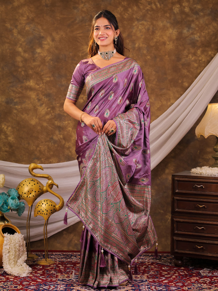 Lavender Purple Kanjivaram Banarasi Satin Silk Saree with Antique Silver Zari Weaving, Heritage Pallu & Tassel Detailing