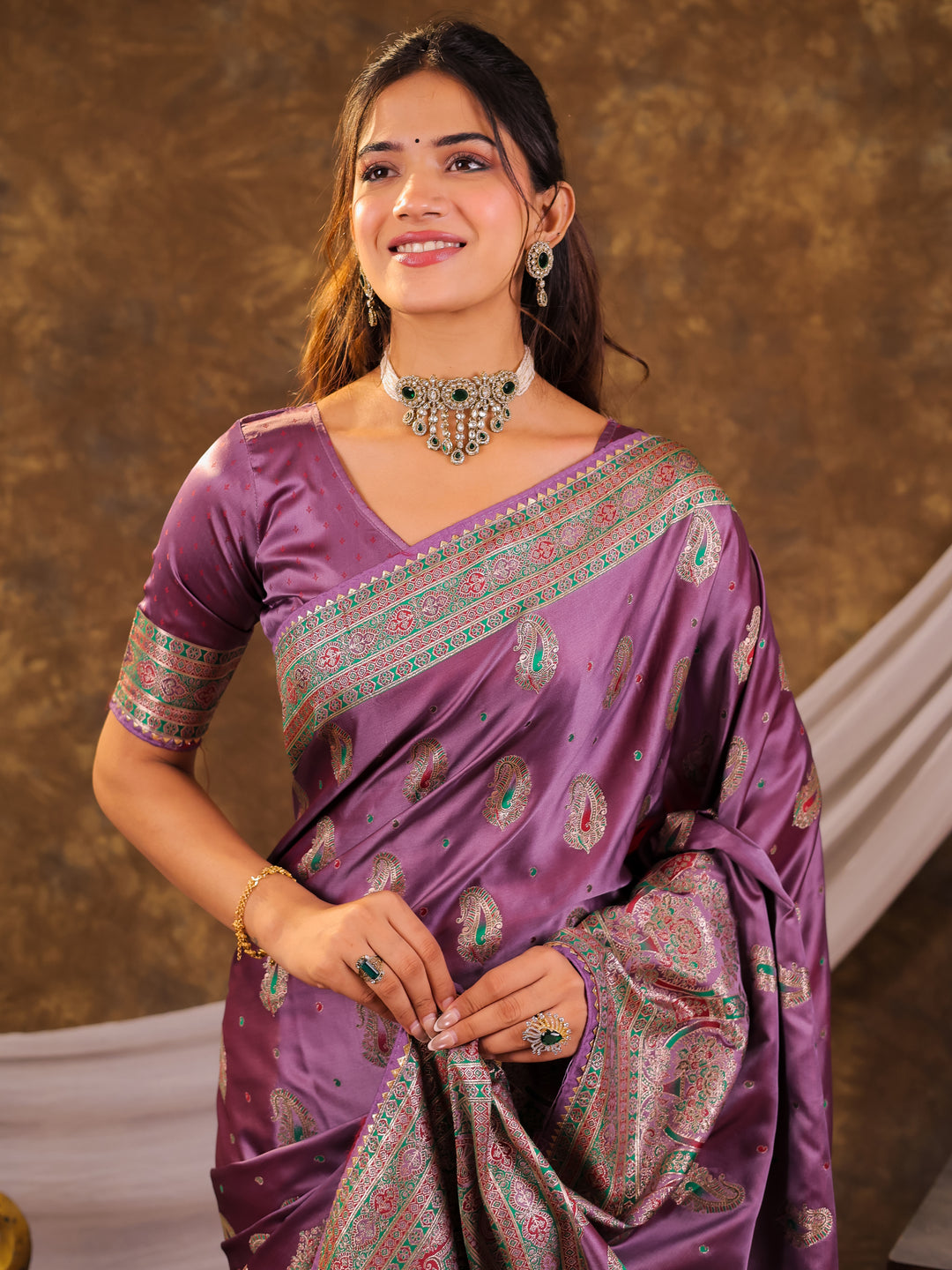 Lavender Purple Kanjivaram Banarasi Satin Silk Saree with Antique Silver Zari Weaving, Heritage Pallu & Tassel Detailing